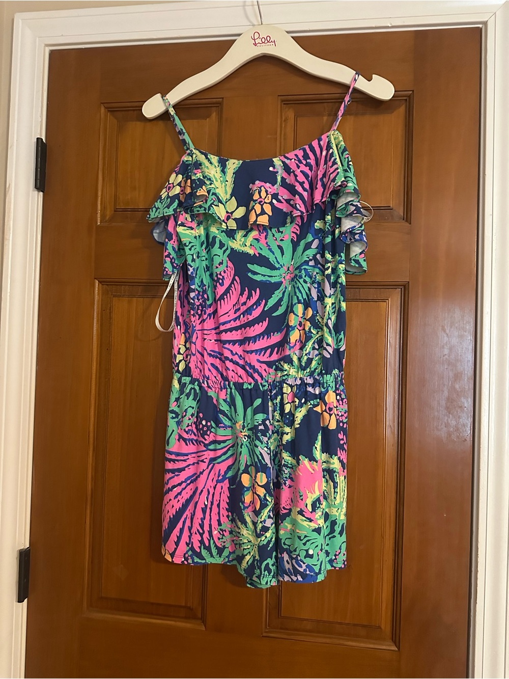 Lilly Pulitzer Navy Pink Green Tropical Off-Shoulder Romper